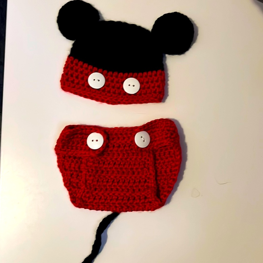 Newborn hand knit Mickey Mouse hat and bottom for newborn photos